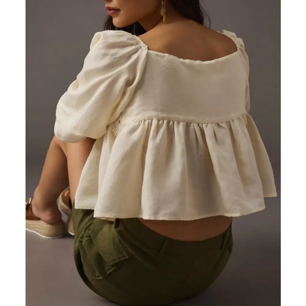 By Anthropologie Cream Crochet Peplum Blouse Natural Neutral Size S